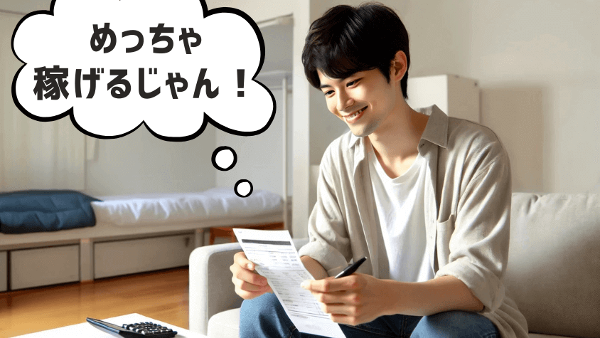 給与明細書を見てにんまり笑う男性