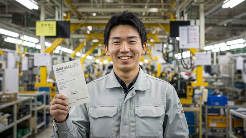 給与明細を持ったクボタの期間工