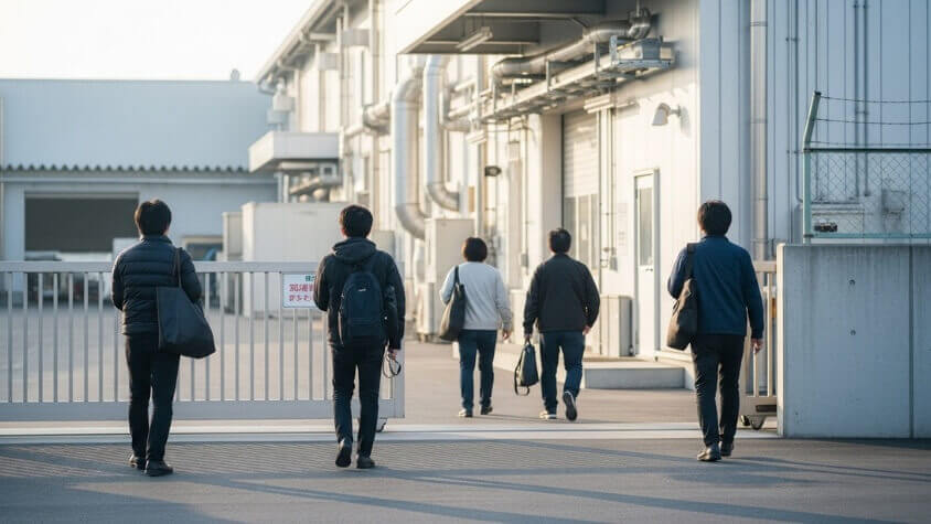 工場へ出勤する従業員たち